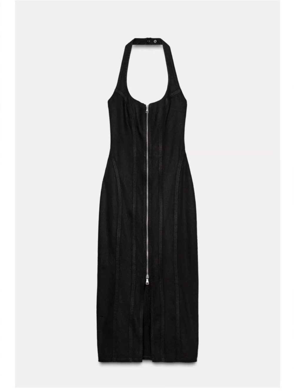 Zara Coated Zip Front Black Denim Halter Midi Dress - Picture 2 of 4